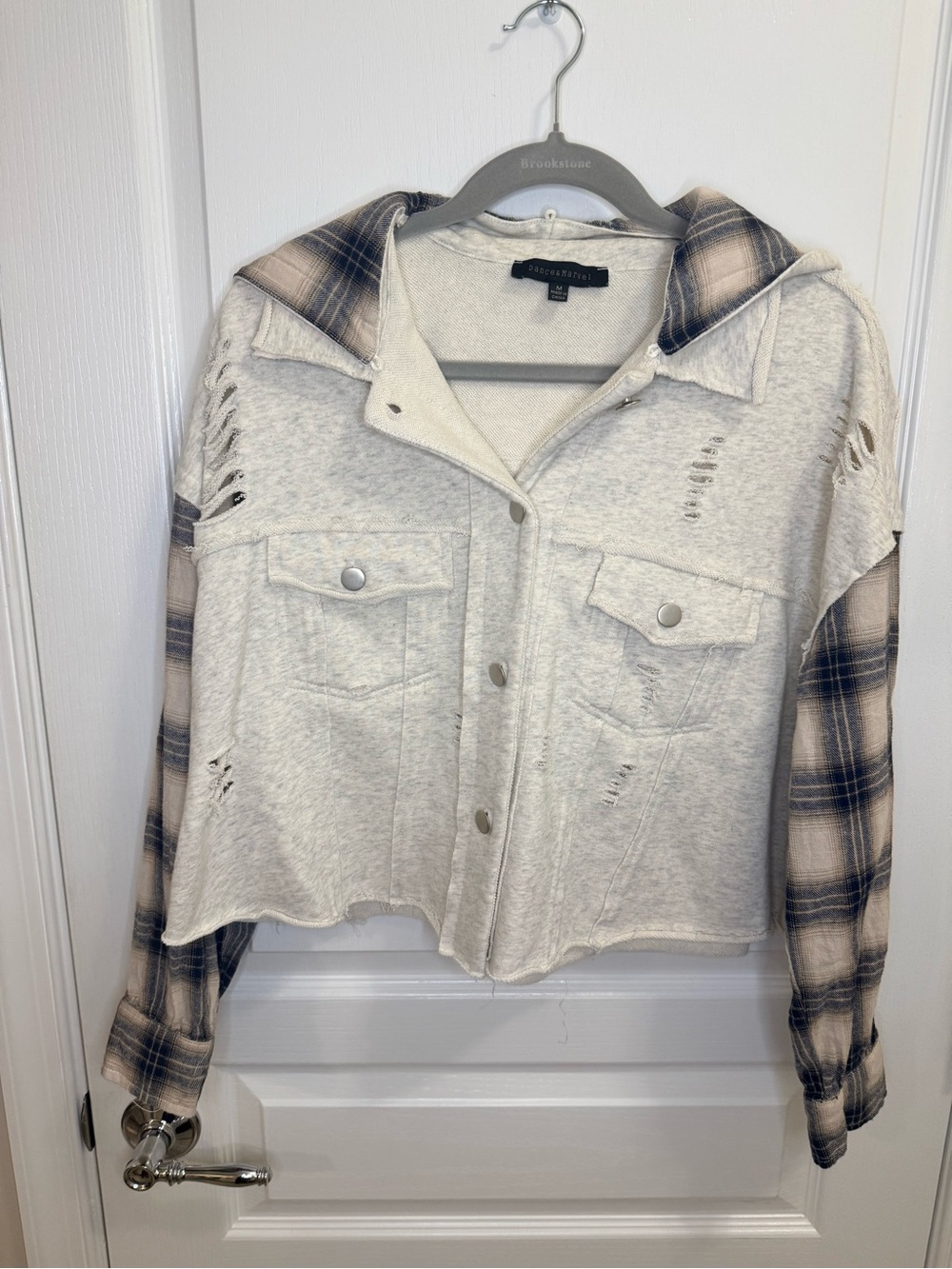Dance & Marvel Distressed Hooded Shacket- distressed. Medium